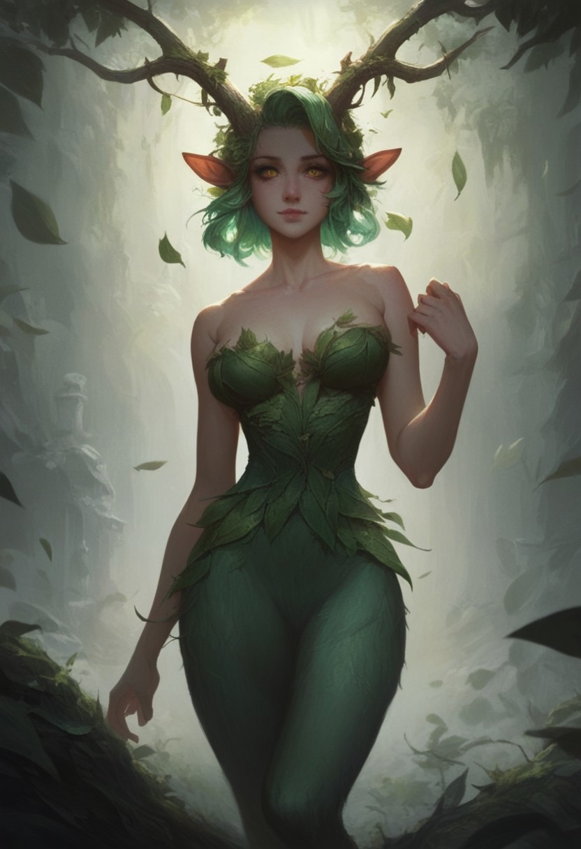 score_9, score_8_up, score_7_up, BREAK, 1woman, cowboy-shot, dramatic lights, clear eyes, sharp eyes, high quality eyes, high resolution eyes, detailed eyes, looking at viewer, eye contact, ((Dryad, Faun, Satyr,, beautiful, detailed face, beautiful face, blue skin, horns, golden eyes, green hair, leaves in hair, leaves, wooden horns))