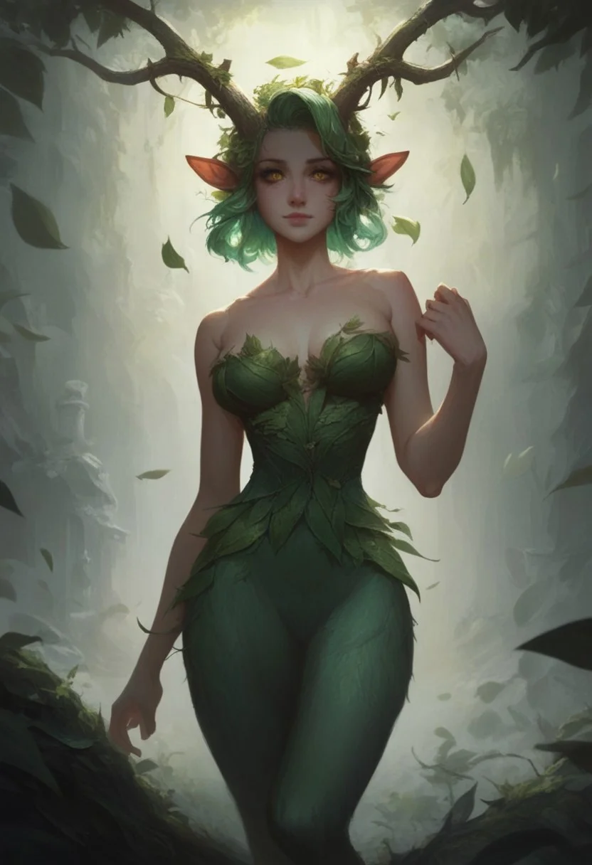 score_9, score_8_up, score_7_up, BREAK, 1woman, cowboy-shot, dramatic lights, clear eyes, sharp eyes, high quality eyes, high resolution eyes, detailed eyes, looking at viewer, eye contact, ((Dryad, Faun, Satyr,, beautiful, detailed face, beautiful face, blue skin, horns, golden eyes, green hair, leaves in hair, leaves, wooden horns))