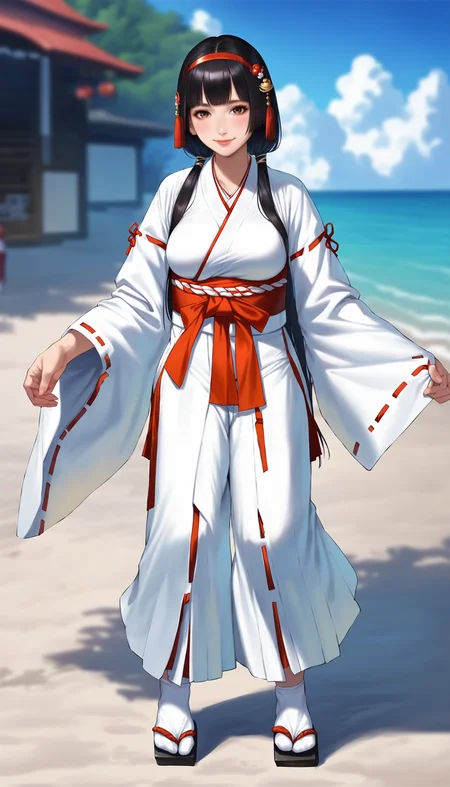 score_9,score_8_up,score_7_up,<lora:naotorali-000080:0.7>,
naotora li,1girl,solo,
japanese clothes,miko,miko outfit,hakama,hakama skirt,red hakama,
black hair,bangs,blunt bangs,twintails,low twintails,red hair ornament,red hairband,white scrunchie,
brown eyes,looking at viewer,closed mouth,smile,
big breasts,
tabi,white tabi,zÅri,zori,
outdoors,day,beach,soft clouds drifting,summer,vignetting,blurry background,
full body,front view,standing,