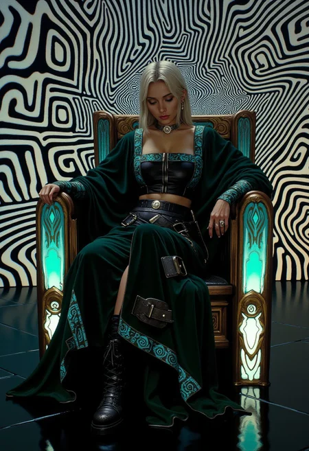 A digitally stylized Frank Frazetta fantasy oil painting features a woman with pale skin and platinum blonde hair styled in a sleek bob with straight bangs. She is seated on a surreal, glowing armchair made of intertwining optical cables that emit a soft, pulsating light, creating an otherworldly effect. Her attire blends medieval robe elements with urban streetwear. She wears a deep emerald green velvet tunic with a square neckline, loosely draped, resembling a medieval robe. Vibrant electric blue Aztec patterns, including spirals and diamond motifs, are embroidered along the hem and cuffs. Over the tunic, she dons a black cropped bomber jacket with metallic accents, electric blue zippered pockets, and angular seams, matching the Aztec embroidery. Her high-waisted black cargo pants, adorned with large silver eyelets and straps, flow down to sleek black combat boots with electric blue laces. A delicate silver pendant necklace rests on her neck, subtly catching the light. The woman’s expression is calm, with a touch of introspection, as she gazes downward. The background features a dynamic optical illusion of intersecting black-and-white diagonal lines, forming distorted squares and rectangles, radiating outward from the center, inspired by Bridget Riley’s works. The reflective black floor beneath her amplifies the warped effect. HD, 8K quality, ultra-detailed, masterpiece artwork, flawless anatomy.