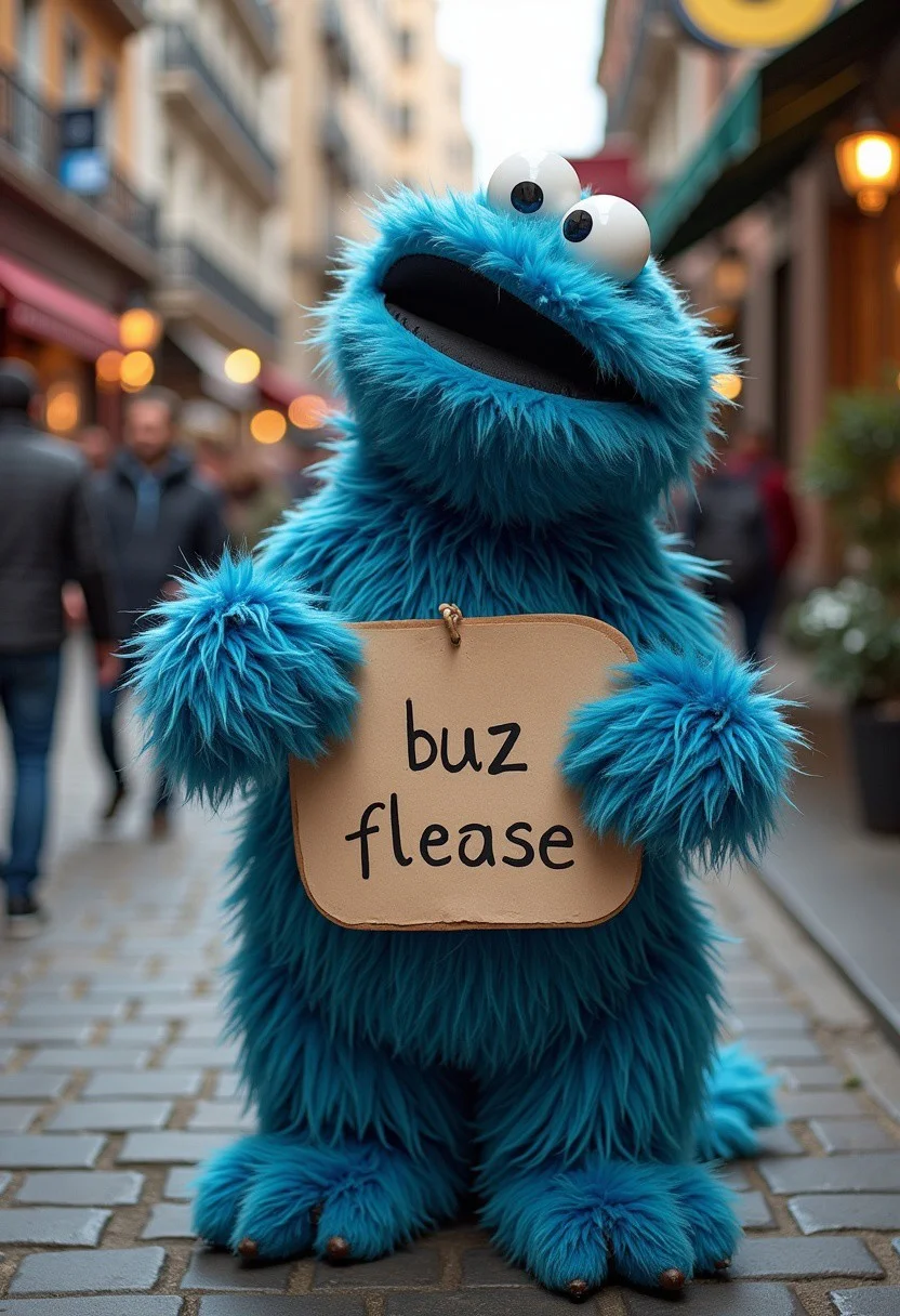 cookie monster holding a sign saying "buzz please",