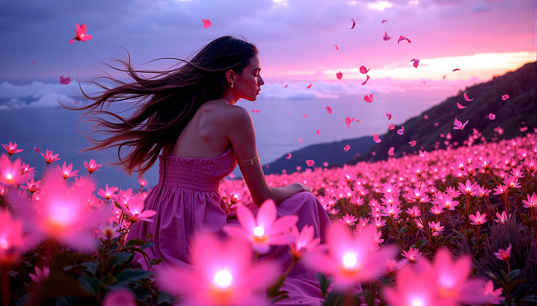 m4d1s0n,
A young lady in full dress on a hill covered in luminescent flowers, with exotic vegetation surrounding her. A strong wind blows through her long hair, sending petals and leaves swirling through the air. The setting is a magical twilight, with the sky painted in deep purples and pinks. The scene is captured in extreme realism, with intricate details in every element, from the glowing flowers to the sharp background. Adjust the woman’s hand to gently touch or interact with a flower, adding a sense of connection to the environment.Add delicate, intricate shadows from the flowers and leaves onto the woman’s skin, enhancing the interplay of light and shadow.Introduce more layers of vegetation with varying heights and densities, creating a richer and more textured environment.Add more texture to the clouds, with subtle color shifts and details that draw the eye upwards.She is sitting on ground while shr lowers her head slightly, her eyes looking at viewer,  with unwavering determination.

The image is vibrant and serene, with no depth of field, ensuring sharpness throughout the wide shot, rendered in high resolution HDR.
