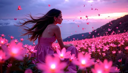 m4d1s0n,
A young lady in full dress on a hill covered in luminescent flowers, with exotic vegetation surrounding her. A strong wind blows through her long hair, sending petals and leaves swirling through the air. The setting is a magical twilight, with the sky painted in deep purples and pinks. The scene is captured in extreme realism, with intricate details in every element, from the glowing flowers to the sharp background. Adjust the woman’s hand to gently touch or interact with a flower, adding a sense of connection to the environment.Add delicate, intricate shadows from the flowers and leaves onto the woman’s skin, enhancing the interplay of light and shadow.Introduce more layers of vegetation with varying heights and densities, creating a richer and more textured environment.Add more texture to the clouds, with subtle color shifts and details that draw the eye upwards.She is sitting on ground while shr lowers her head slightly, her eyes looking at viewer, with unwavering determination.
The image is vibrant and serene, with no depth of field, ensuring sharpness throughout the wide shot, rendered in high resolution HDR.