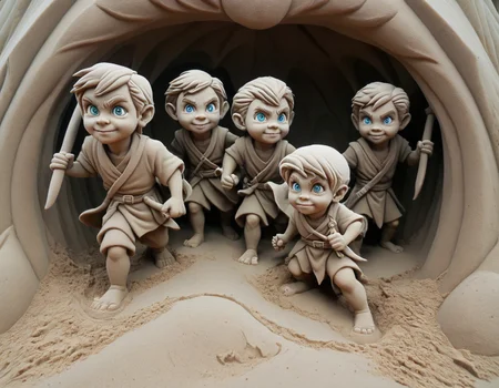 In a sand sculpture style,  <lora:Sand-Sculpture-Style-SCG:0.85>,, A trio of halflings sneaking into a dragon's lair.