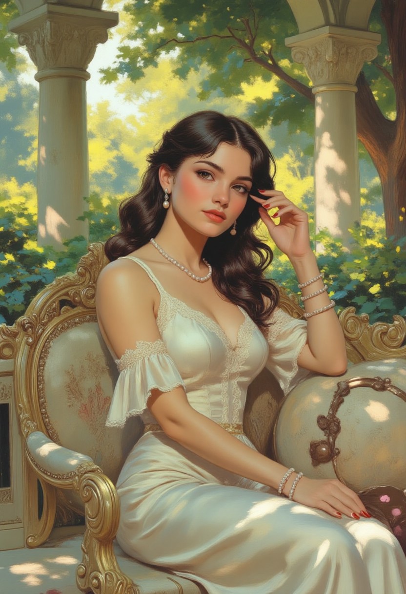 photo-realistic, beautiful woman, elegant, sitting on a luxurious stone bench, white satin dress, lace details, brunette, wavy hair, soft makeup, red lipstick, pearl earrings, soft lighting, lush green foliage, stone pillars in background, sunlight filtering through trees, pastel colors, vintage style, delicate textures, relaxed pose, cozy atmosphere, high-resolution, detailed, feminine, graceful, sophisticated, refined, serene expression, luxurious setting fantasy painting.
Lghtn, c0mix2 perfection style aidmamj6.1