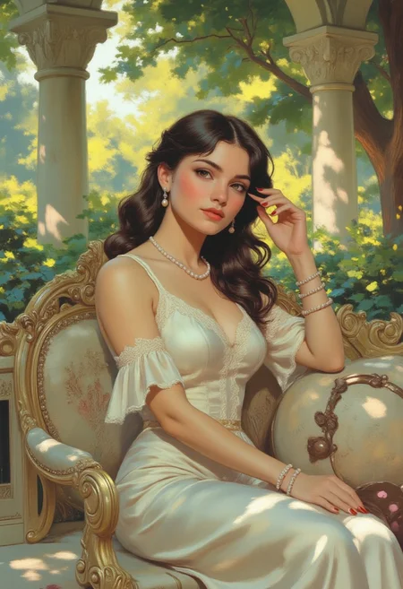 photo-realistic, beautiful woman, elegant, sitting on a luxurious stone bench, white satin dress, lace details, brunette, wavy hair, soft makeup, red lipstick, pearl earrings, soft lighting, lush green foliage, stone pillars in background, sunlight filtering through trees, pastel colors, vintage style, delicate textures, relaxed pose, cozy atmosphere, high-resolution, detailed, feminine, graceful, sophisticated, refined, serene expression, luxurious setting fantasy painting.
Lghtn, c0mix2 perfection style aidmamj6.1