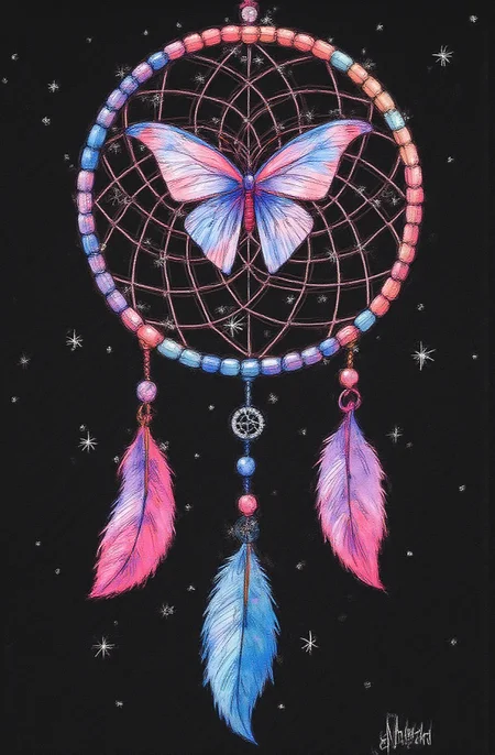 Sharp image of a rough sketch, rendered in vibrant multi colour ballpoint pen, capturing the adorable features of a digital illustration of a dreamcatcher with a butterfly in the center. The dream catcher is made up of multiple strands of beads in different colors and patterns, including pink, blue, and purple. The butterfly is in the shape of a circle with a pink and blue pattern on its wings. The background is black with small white stars scattered throughout, creating a starry night sky. There are also two pink and purple feathers hanging from the bottom of the dream catcher. The overall design is intricate and detailed, with a dreamy and mystical feel.  p3nsk, <lora:p3nsk:1>