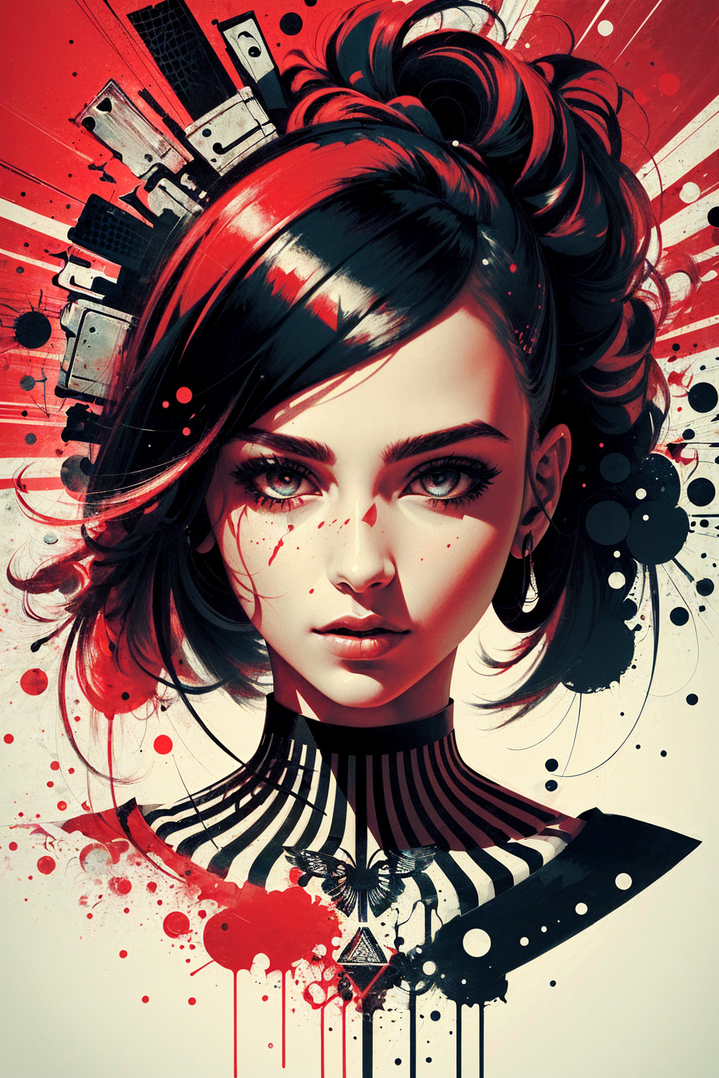 a girl, illustration , cover art , (((red))) , portrait , red background , red splash
