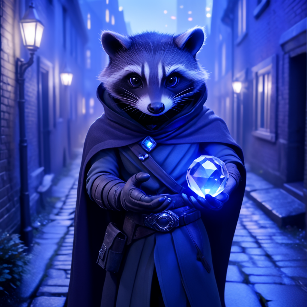 <lora:AnthropomorphicSDXL:1> Anthropomorphic, cinematic setting, The image shows a raccoon wearing a cloak and holding a crystal ball in its hand standing in front of a path with buildings on either side., pouch, belt, furry, blurry, solo, gloves, furry male, blurry background, 1other, outdoors