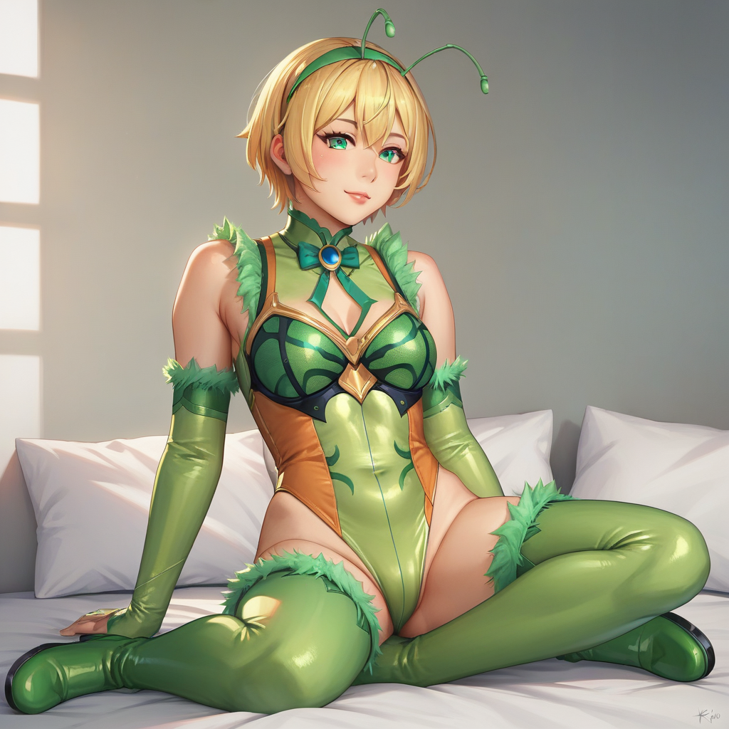 score_9, score_8_up, score_7_up,score_6_up,uncensored,detailed eyes,perfect eyes,extremely detailed CG,extremely detailed face,detailed Lora,best quality,source_anime,anime,perfect face, beautiful eyes,beautiful face, detailed eyes ,masterpiece,high resolution, distinct image BREAK   <lora:Parupirio:0.75> 1girl, solo, blonde hair, thighhighs, boots, leotard,  thigh boots, green leotard,  green thighhighs, Parupirio,short hair,hairband,green antennae,green elbow sleeve