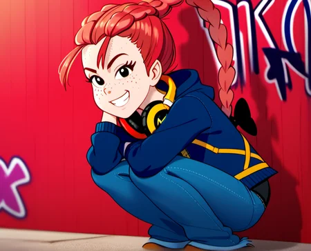 solo, 1girl, adren2, braid, freckles, grin, long hair, red hair, single braid, down jacket, jeans, headphones around neck, squatting, looking at viewer, Nikes, hair bow, dusk, blurry background, red wall background with graffiti, <lora:adren2-000010:1>,