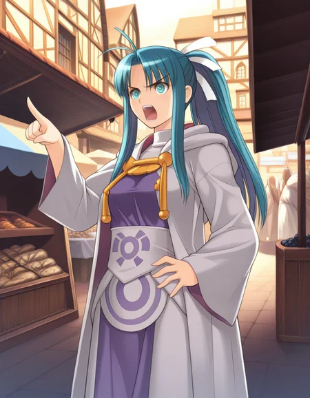 <lora:1_illu_tony_26e:1> tonyt, <lora:1_illu_mia_32e:1> m14, 1girl, solo, blue hair, blue eyes, long hair, ponytail, hair ribbon, robes, hand on own hip, pointing, angry, arguing, open mouth, small breasts, town, market, (masterpiece, best quality, amazing quality)