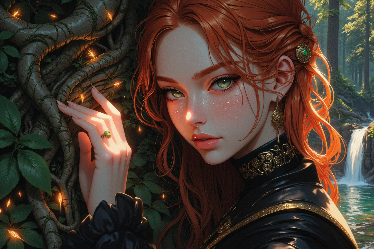 A breathtaking close-up of an ethereal young woman with mesmerizing green eyes, their irises shimmering like precious gemstones, reflecting the soft glow of the enchanted forest around her. Her red hair cascades in silky waves, each strand catching the sunlight, as if woven from pure sunlight. Delicate, luminescent freckles dust her porcelain skin, adding to her otherworldly beauty.
She wears an elegant, flowing bright black gown, its fabric weightless and almost translucent, shimmering like liquid starlight as it drapes over her delicate frame. Tiny enchanted symbols subtly glisten along the edges of the gown, glowing faintly with ancient magic. Her expression is serene, yet filled with an air of quiet mystery, as if she holds the secrets of the universe in her gaze.
Her slender fingers gently press against the bark of an ancient, glowing tree, its surface pulsating with soft, golden energy, sending tiny sparks into the air like drifting embers. A faint aura surrounds her, as if nature itself bends toward her presence. Swirling mist weaves through the towering trees, illuminated by thousands of floating fireflies that glow like tiny lanterns, casting an enchanting golden haze across the scene.
In the distance, the soothing melody of a hidden waterfall echoes through the mystical landscape, its silvery cascades reflecting the celestial constellations above. The night sky, barely visible through the dense canopy, glows with a cosmic radiance, as if the heavens themselves are watching over her.
Cinematic lighting enhances every detail, from the delicate shimmer of her gown to the soft luminescence of her eyes. Ultra-detailed, fantasy realism, 8K resolution, dreamlike atmosphere, visually breathtaking.
Art in the style of Yomu_Yakadashi.
EpicGorgeousDetails, cinna flow, 8k detailed neon themed digital illustration style, 8uartz4r4