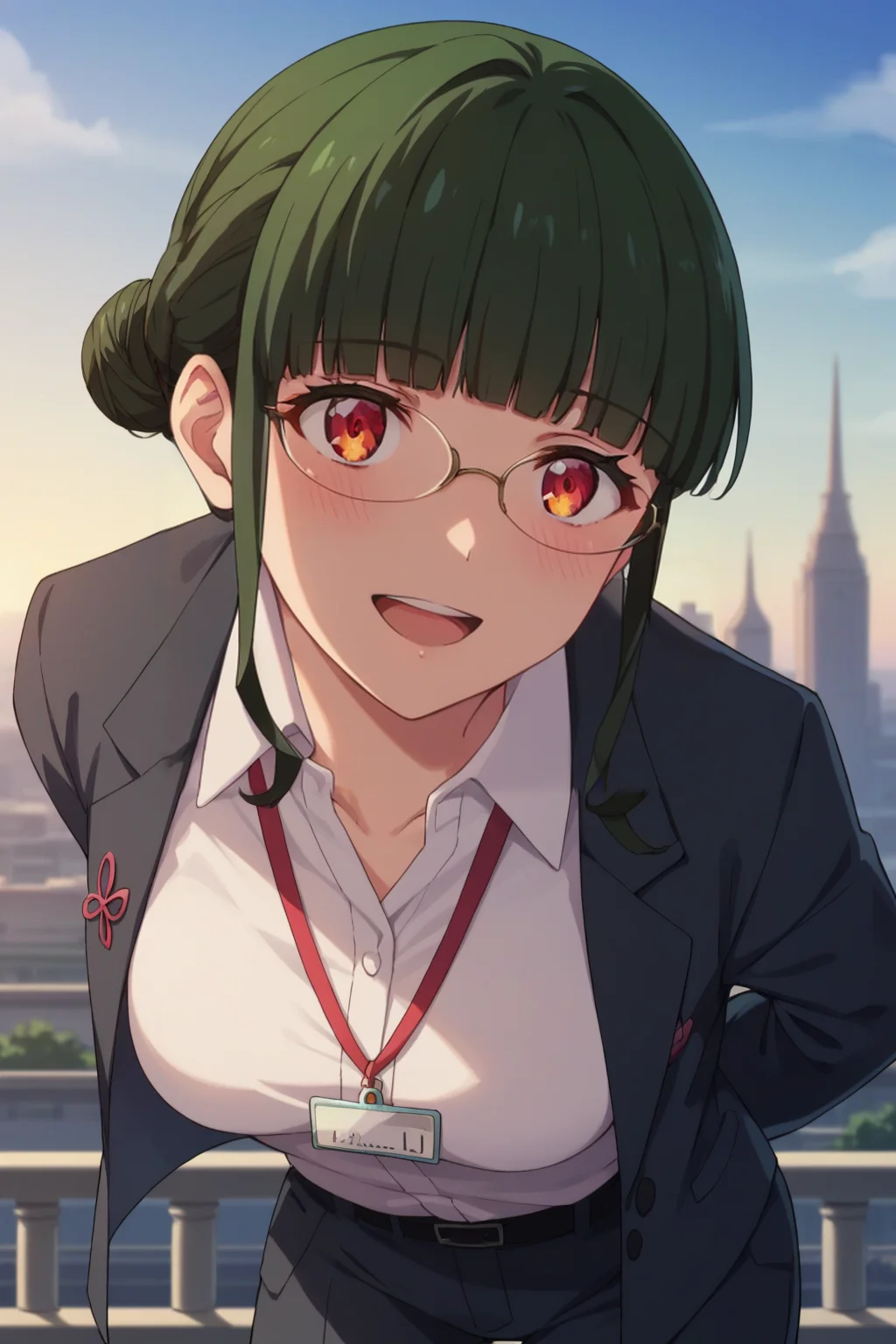 score_9, score_8_up, score_7_up, source_anime, 1girl, prefect lighting, very aesthetic, intricate details, highly detailed background, masterpiece, high quality, prefect hands, best quality, solo,
<lora:Anosillus_SSSS.Dynazenon_V1:.85>, KJOanosillus, green hair, red eyes, sidelocks, single hair bun, blunt bangs, 
suit, pants, white collared shirt, id tag, glasses, shirt tucked in, 
arms behind back, leaning forward, head tilt, open mouth, blush, smug, 
outside, bridge, city in background, 
(Beautiful, medium Breasts:1.2), natural breasts,