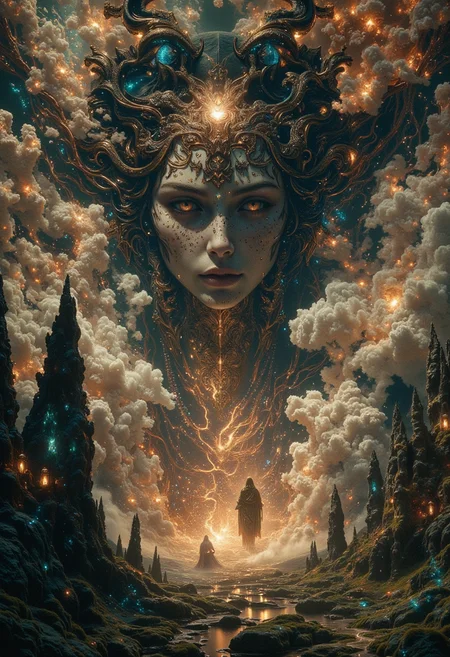 fantasy art by Magali Villeneuve, Junji Ito and Anne Stokes, In a dimly lit room, a delicate watercolor painting comes to life, with intricate patterns and textures that bring the scene to life. The colors are muted and bold, with deep reflections of each other etched into their surface. , capturing the beauty and tranquility of natural environments, Alternative comics, splash of color, Arthurian legends, fantasy, traditional Japanese influences, sword and sorcery, superhero illustrations, hyperrealistic robots, themes of femininity and spirituality, creative storytelling, vibes, highly color focused, full color, intricate detail, deep aesthetic, <lora:models\Flux\flux.1_lora_flyway_Epic-Characters_v1:0.53><lora:models\Flux\realism_lora_comfy flux_converted:0.45><lora:models\Flux\FantasyWizardWitchesFluxV2-000001:0.6><lora:models\Flux\FluxGhost-000001:0.45>,