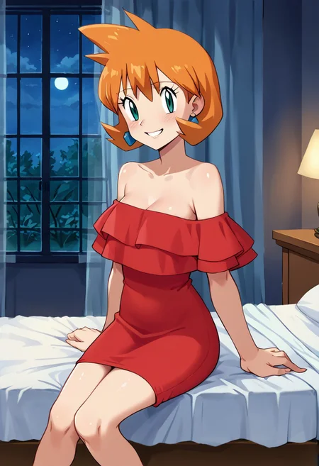 score_9, score_8 score_7, source_anime, Misty_G2, orange hair, aqua_eyes, medium_breast, half_closed_eyes, 1girl, solo, shiny skin, bare shoulders, sidelocks, looking at viewer, strapless, a short red dress, fl0unc3dr355, dress, off shoulder, blue earrings, round earrings, Sitting on her bed, bedroom background, smile, looking at viewers, cowboy shot, indoors, night, pokemon \(classic anime\), PokemonStyle