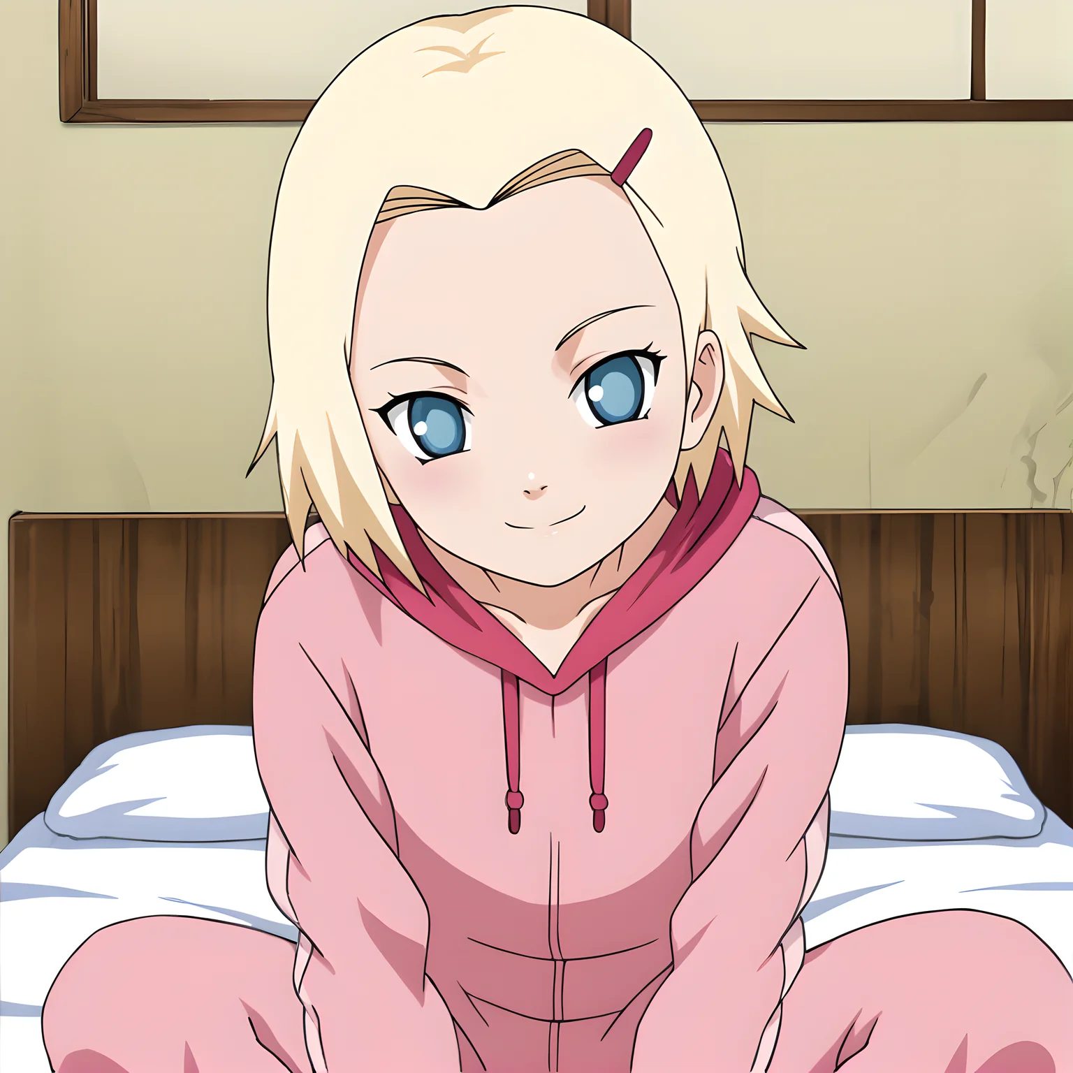 ino, hair ornament, hairclip, 1girl, solo, blonde hair, short hair, blue eyes, smile, looking at viewer, <lora:Ino_Yamanaka_Smol:0.9>
BREAK
level_9, level_8_up, level_7_up, source_anime, masterpiece,
BREAK
naruhodou_artstyle, <lora:Naruho-Dou_ArtStyle:0.7>
BREAK
inside, onesie, sleepwear
