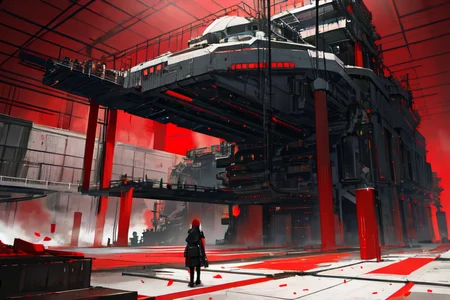 highly insanely detailed, masterpiece, top quality, best quality, highres, 4k, 8k, RAW photo, (very aesthetic, beautiful and aesthetic),
tsutomu nihei,nihei_tsutomu,blame!,blame gakuen!,abara,TNstyle,sidonia_no_kishi,(city ruins,tunnel,space,spacecraft,megastructure in background,tower,hangar,giant room,lab,sidonia \(ship\),stairs,deep horizon),dark sky,black sky,steam,foggy,tentacles,walkway,toha heavy industries,buildings,ventilation fan,ventilation shaft,fence,
<lora:blamev2:0.3>,
(1girl:1.3),
solo focus,
Intricately Detailed Cinematic Bamboo forest,blood red background,orange background,flannel red background,(colored confetti background,colored smoke background,gradient background),âââ