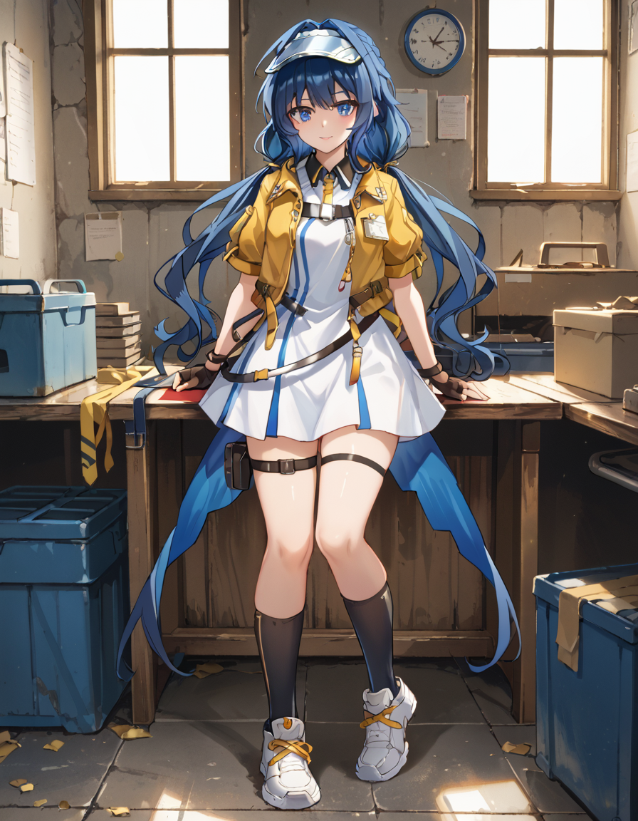 Volumetric Lighting, (masterpiece), (best quality), (ultra-detailed), masterpiece, source_anime, score_9, score_8_up, score_7_up BREAK, light depth, dramatic atmospheric lighting, Volumetric Lighting, Astesia, long hair, blue hair, blue eyes, low twintails BREAK, Astecft,def dress, def jacket, def visor cap,open jacket, cft jacket, cft dress,cft fingerless gloves, cft thigh strap cft socks, cft shoes BREAK, looking at viewer, workshop