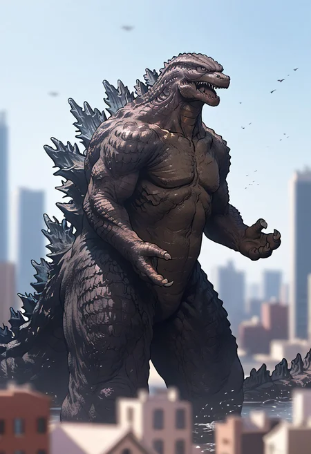 Score_9, score_8_up, score_7_up, score_6_up, zPDXL3, cowboy shot, monster focus, BREAK, realistic,hyperrealism,ornate,studio photograph, skinny Godzilla kaijuu,gigantic monster, model_buildinga, model_kit_(medium), city skyline, plastic buildings, forced perspective, blurry background, building