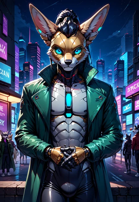 score_9, score_8_up, score_7_up, score_6_up, photorealistic, epiCPhotoGasm-colorfulPhoto, Realistic, highres, super high resolution, 8k, photo, furry, Furry, anthro, fur, male, fennec, brown fur, implanted eyes, robot face, robot face, he has silver plate on the head,  implanted forehead, blue glowing eyes, metal head, silver forehead, metal eyes, sad, long black hair gathered in a long ponytail, ponytail, the sides of the head are clean-shaven, black hair, metallic head, silver thin helmet, metal face, he has implanted face, close-up, long dark green thick coat, green coat,  black leather shirt, black tight pants, long black hair, implants, implant eye, robot, furry,  cyberpunk, night, cyber city, cyberpunk city, metallic eyes, metallic fur, robot, thin body, night, city, cyberpunk city, cyberpunk, realistic, detailed, detailed fur,  he holding the hand of the viewer, holding viewer hand,