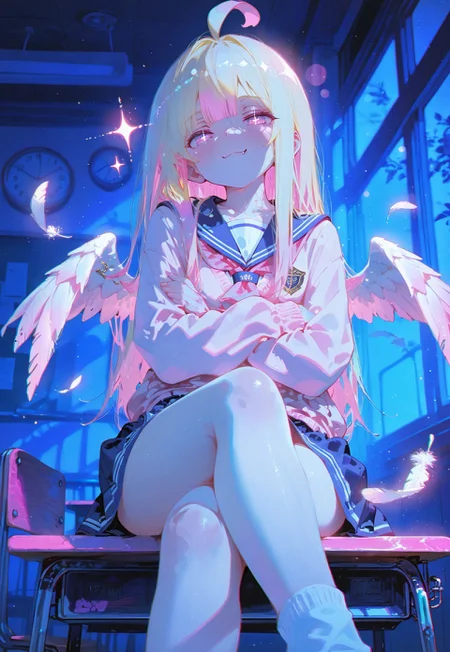 Looking at viewer,low angle,looking at viewer

Sitting on desk,crossed legs,crossed arms,smug,chin upward

1 girl, short and petite,(waist length hair:1.2), straight hair,blonde hair, (vibrant pink accents hair:1.1),fair skin,pink eyes, sparkling eyes,ahoge,small wings ,floating feathers

Sailor school uniform,pink sweater,classroom,

Light from window,window on left,night,Dark blue background, glimmer, sparkling effects, (anaglyph refraction:1.5),subtle (blue hue:0.8), and a strong (pink glow:1.4),(Bokeh around character:1.2),(character focus:1.2),

Cunnystyle,748cmstyle,Smooth_Quality,masterpiece,best quality,amazing quality, aesthetic,(vibrant colors:1.5),(bold lines:1.3),(saturated:1.4),((4k,8k,Ultra HD)),((Masterpiece :1.2)),((Best quality :1.2)),((Detailed :1.5)),((Detailed background :1.5))