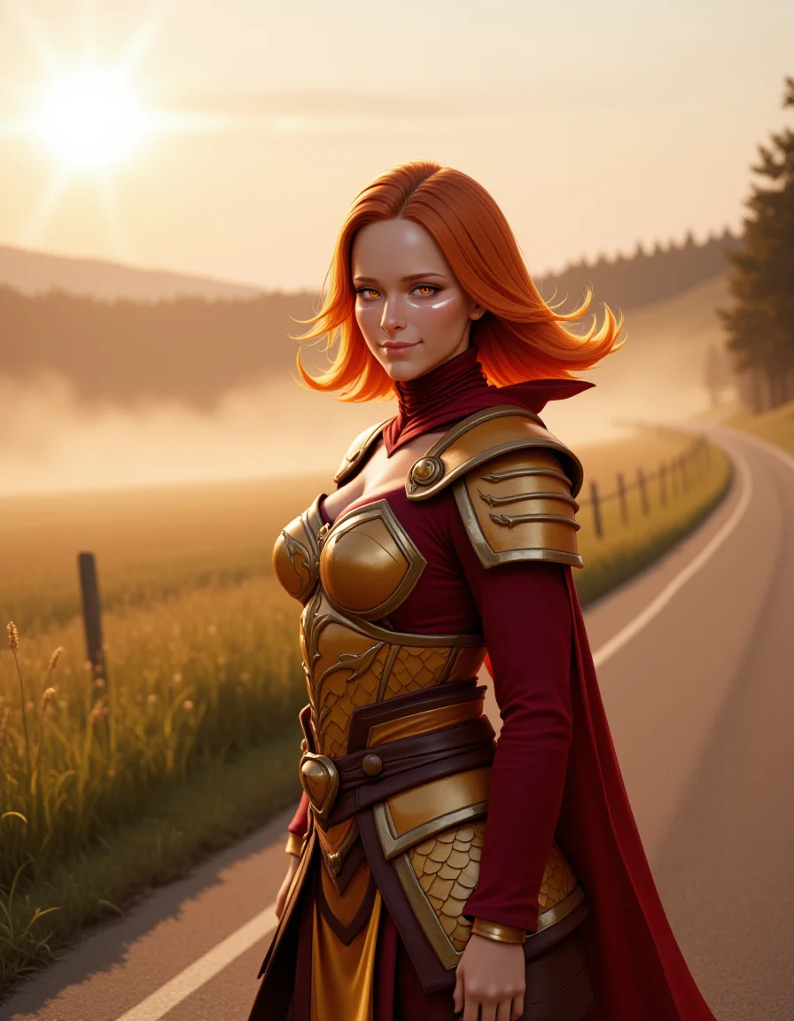 Semi-Realistic Style in a wide shot. Looking at viewer, outdoors in daylight, explicit
She is a 25 year old mature woman, and adult, Smug with a crooked smile, raised eyebrows, and a self-satisfied glint in the eyes. 
<lora:Dota_2_-_Lina_v2-000030:1> d2-lina she has orange hair and orange eyes. Wearing a
Dragon-themed ensemble with scale-patterned armor, ornate shoulder guards, and a fiery cape, embodying the might of dragons.
A woman stands on a quiet country road, watching the mist rise from a nearby field as the early morning sun casts a soft glow over the landscape.