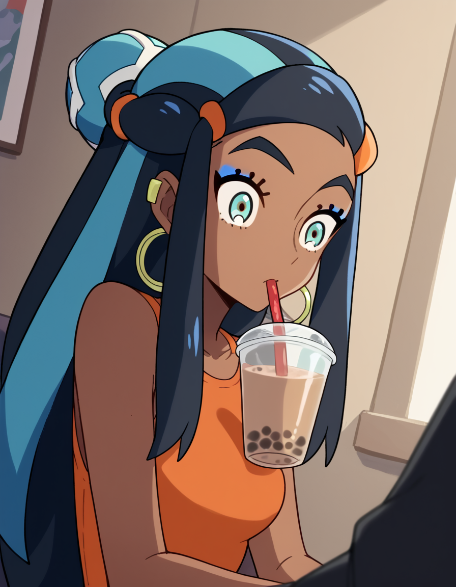 score_9, score_8_up, score_7_up, source_anime, <lora:pokemon-nessa-twilight-wings-ponyxl-lora-nochekaiser:1>, pokemonnessa, aqua eyes, eyeshadow, dark skin, dark-skinned female, hair bun, hair ornament, makeup, long hair, sidelocks, single hair bun, thick eyebrows, black hair, aqua hair, streaked hair,, <lora:bubble-tea-challenge-ponyxl-lora-nochekaiser:1>, bubble tea challenge, bubble tea, object on breast, drinking straw, drinking straw in mouth, drinking, cup,, indoors, sitting, looking down, , cowboy shot, dutch angle
