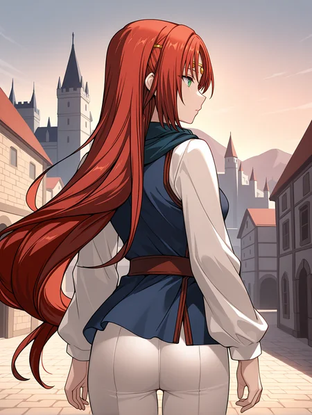 masterpiece,best quality,newest,
1girl,solo,
<lora:elenoa_ilxl_v3.9:1>,elenoa,red hair,very long hair,green eyes,
e_circlet,
e_02clothes,long_sleeves,white sleeves,blue clothes,white pants,
<lora:Fixhands_anime_bdsqlsz_V1:1>,medieval cityscape,kind_smile,fantasy,castle,city,standing,from behind,profile,expressionless,looking ahead,