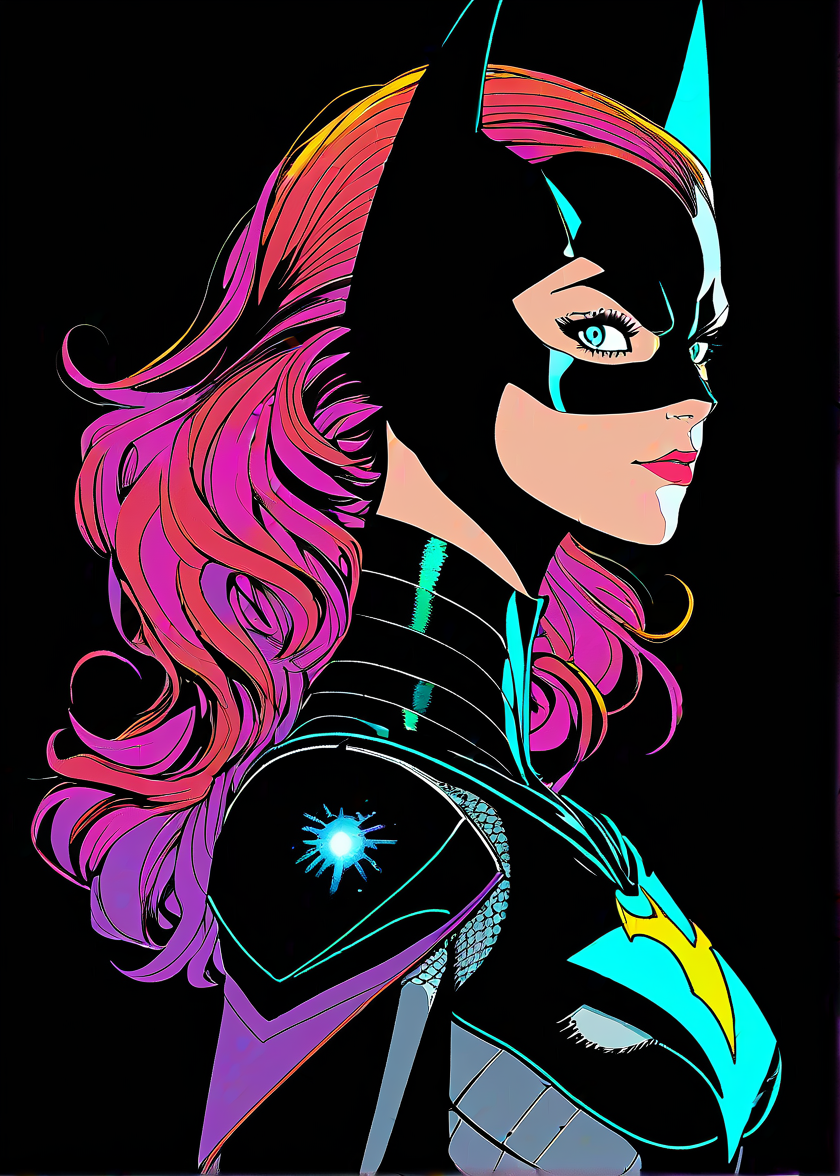 masterpiece, best quality, batgirl, solo, futuristic, intricate, over the shoulder, looking at viewer, black background, simple background, glow in the dark, sci-fi, multicolored hair, aqua eyes, warrior