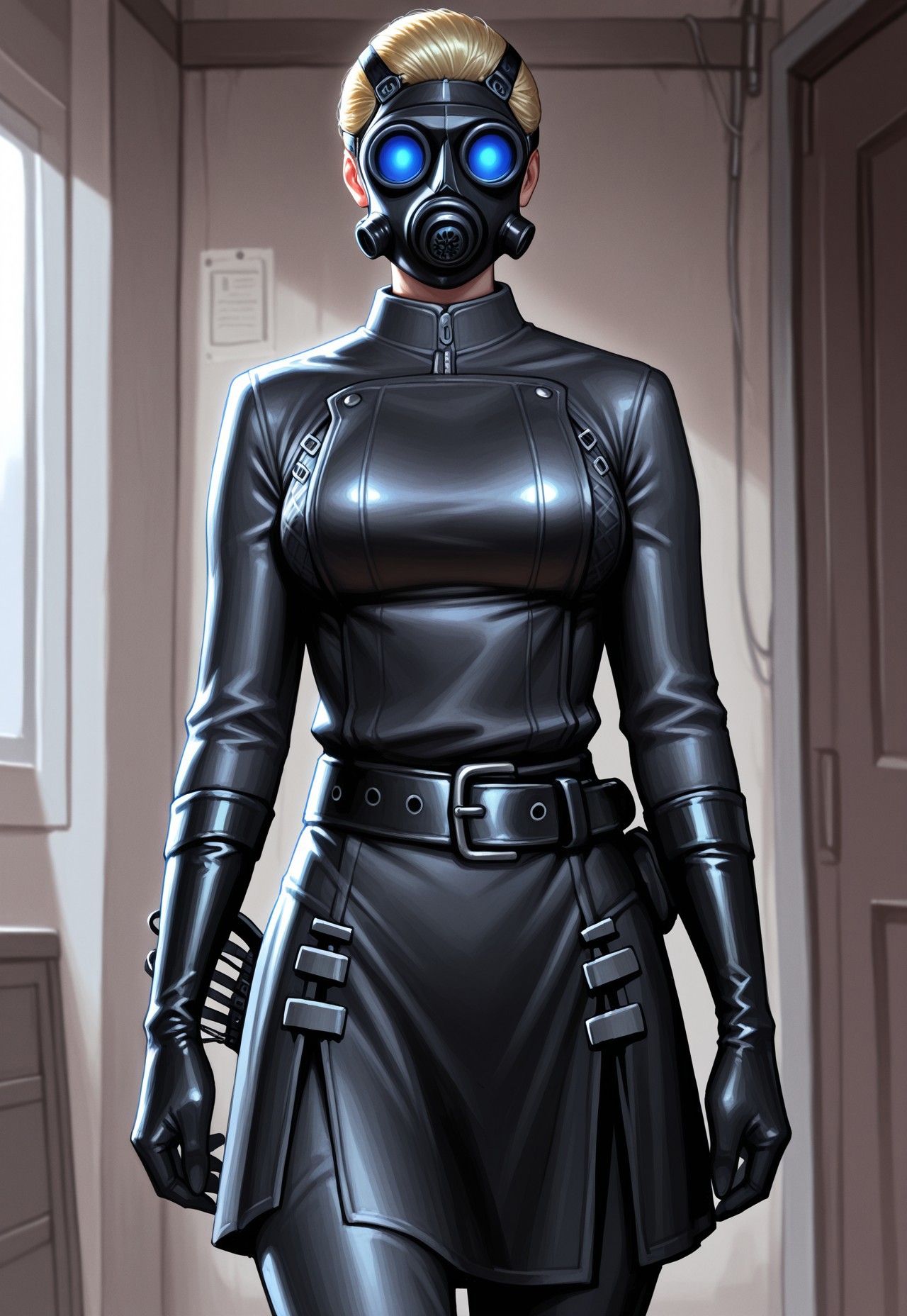 masterpiece, best quality, detailed, realistic, 1girl, solo, Bertha, short hair, Blonde hair, gas mask, blue lenses, Coat, skirt, belt, tools, elbow gloves, pants,