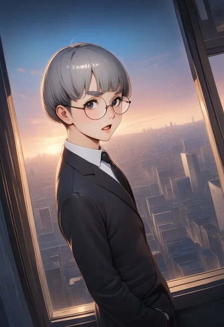 ((man)) with bristle, (graphic novel style, dark novel style:1.5),(anime), (masterpiece:1.4), (soft cinematic light:1.1), incredibly lifelike, Extremely high-resolution details, 8k, best quality,extremely detailed, contrast,
high tech design, fullbody, 
 gallery of contemporary art, inside, portrait old woman against the backdrop of a giant floor-to-ceiling window, through which one can see a city landscape with skyscrapers and a sunset , open mouth, 
man in a classic black suit 
white shirt and black tie keeps his hand on his jacket, black loafers, (((gray ((short)) bob hair))), [Nordic], round glasses, round black eyes, thin lips, bristle sharp chin, diamond long face, gray sideburns, small ears, thick gray eyebrows, sunken cheeks, (bristle)),
