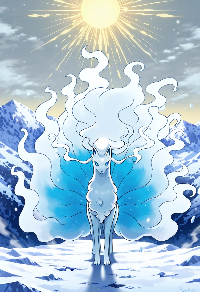 masterpiece, best quality,   zzNinetalesA, mountaintop during snowfall, swirling mist, sunrise glow, curled in a circle, serene. High above the clouds, zzNinetalesA rests curled on a peak dusted in soft snow. Mist wraps around it like a veil, and the first golden rays of dawn cut through the gray sky. Stillness reigns, broken only by the whisper of wind over fur.  <lora:NinetalesAlolanPokedex_IXL_v1:1.0>,