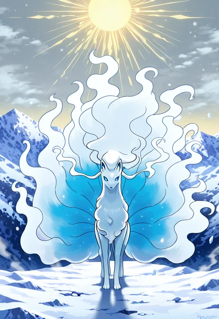 masterpiece, best quality, zzNinetalesA, mountaintop during snowfall, swirling mist, sunrise glow, curled in a circle, serene. High above the clouds, zzNinetalesA rests curled on a peak dusted in soft snow. Mist wraps around it like a veil, and the first golden rays of dawn cut through the gray sky. Stillness reigns, broken only by the whisper of wind over fur. <lora:NinetalesAlolanPokedex_IXL_v1:1.0>,