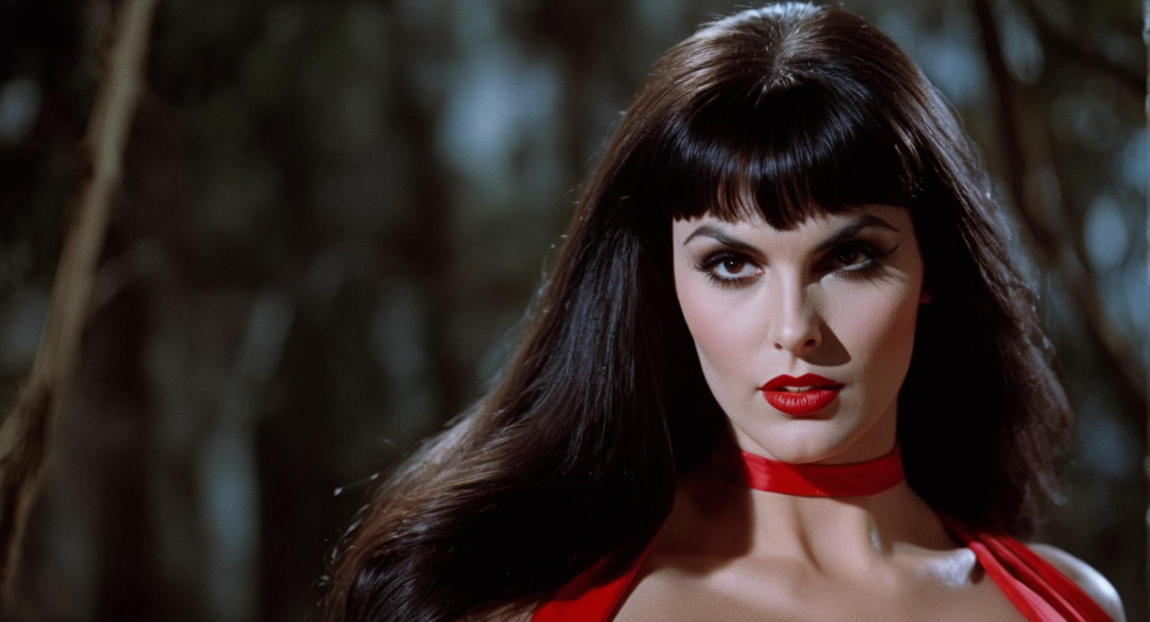 cinematic film still of  Cinematic Film stock footage in (arri alexa style) Kodak film print,  <lora:vampirella:1> Vampirella a fictional vampire super-heroine created by Forrest J Ackerman , shallow depth of field, vignette, highly detailed, high budget, bokeh, cinemascope, moody, epic, gorgeous, film grain, grainy