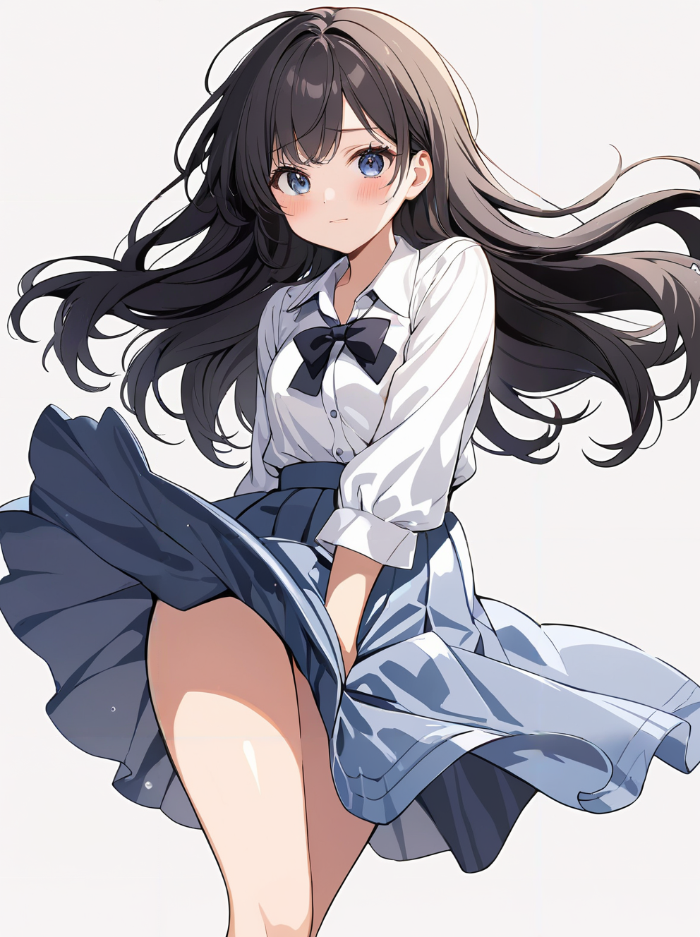 masterpiece,ultra-detailed,best quality,8K,illustration,cute face,clean skin ,shiny hair,girl,ultra-detailed-eyes,simple background, <lora:add-detail-xl:1> <lora:skirt tug_XL_V1.0:1> skirt tug, skirt, wind lift, blush, wind