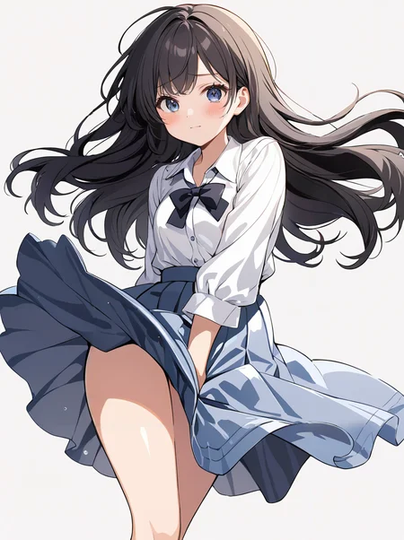 masterpiece,ultra-detailed,best quality,8K,illustration,cute face,clean skin ,shiny hair,girl,ultra-detailed-eyes,simple background, <lora:add-detail-xl:1> <lora:skirt tug_XL_V1.0:1> skirt tug, skirt, wind lift, blush, wind