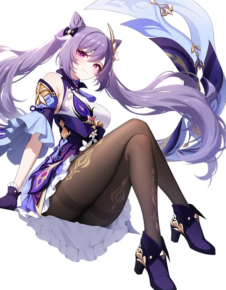 1girl, keqing \(genshin impact\), 
looking at viewer, (solo:1.2), simple background, sush1spin, boots, purple eyes, closed mouth, cone hair bun, frills, long sleeves, purple gloves, full body, smile, bare shoulders, frilled skirt, breast, gloves, sitting, double bun, long hair, high heels, black footwear, black pantyhose, purple hair, white background, high-waist skirt, medium breasts, wide sleeves, hair bun, hair ornament, dress, skirt, twintails, purple dress, thighband pantyhose, pantyhose,
masterpiece, best quality, very aesthetic, newest, absurdres, incredibly absurdres
 <lora:sush1spin-000018:1>