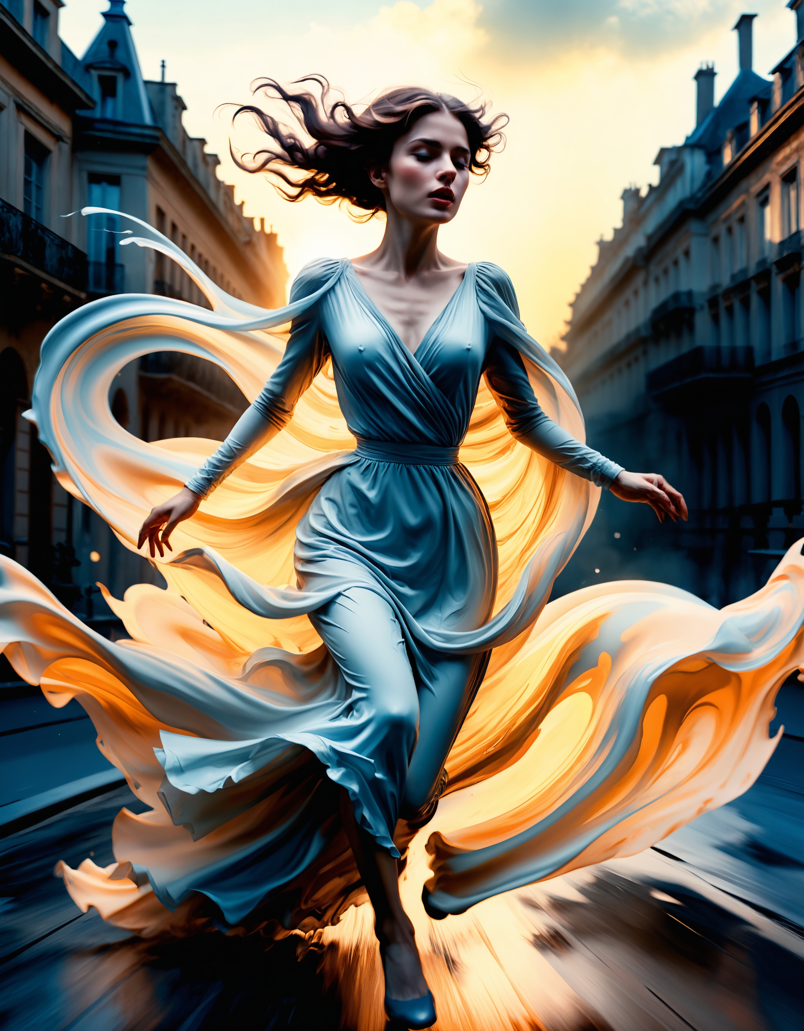 zavy-lqdprtrt, liquid paint, elegant, Accomplished Exhausted Belle Époque Woman, Running, at Dawn, Evil, Offset print, quality, magical atmosphere, intense, dynamic background, luxury, fantastic aesthetic, flowing, gorgeous, perfect composition