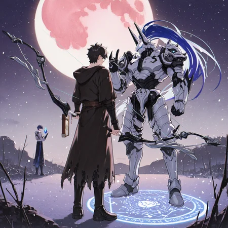 2boys, gay, yaoi, human x robot, interspecies, size difference, contrasting builds, full body, perfect anatomy, easynegative, clear eyes, BREAK 

[1boy, m1namoto_n0_tametom0, robot, helmet, long blue hair, ponytail, white armor, halfskirt, bow_(weapon)], BREAK

[1boy, Ritsuka_Fujimaru, (Human), twink, pale skin, short hair, black hair, turquoise eyes, (glasses), dagger, spellbook, white and black hooded robe, black boots], BREAK

Barren plains, night, blood moon, smile, standing together, look at each other, magic circle, glow, BREAK

masterpiece, perfect quality, best quality, perfect anatomy, absolutely eye-catching, homoerotic, BREAK

((4k,8k,Ultra HD)),((Masterpiece :1.2)),((Best quality :1.2)),((Detailed :1.5)),((Detailed background :1.5))