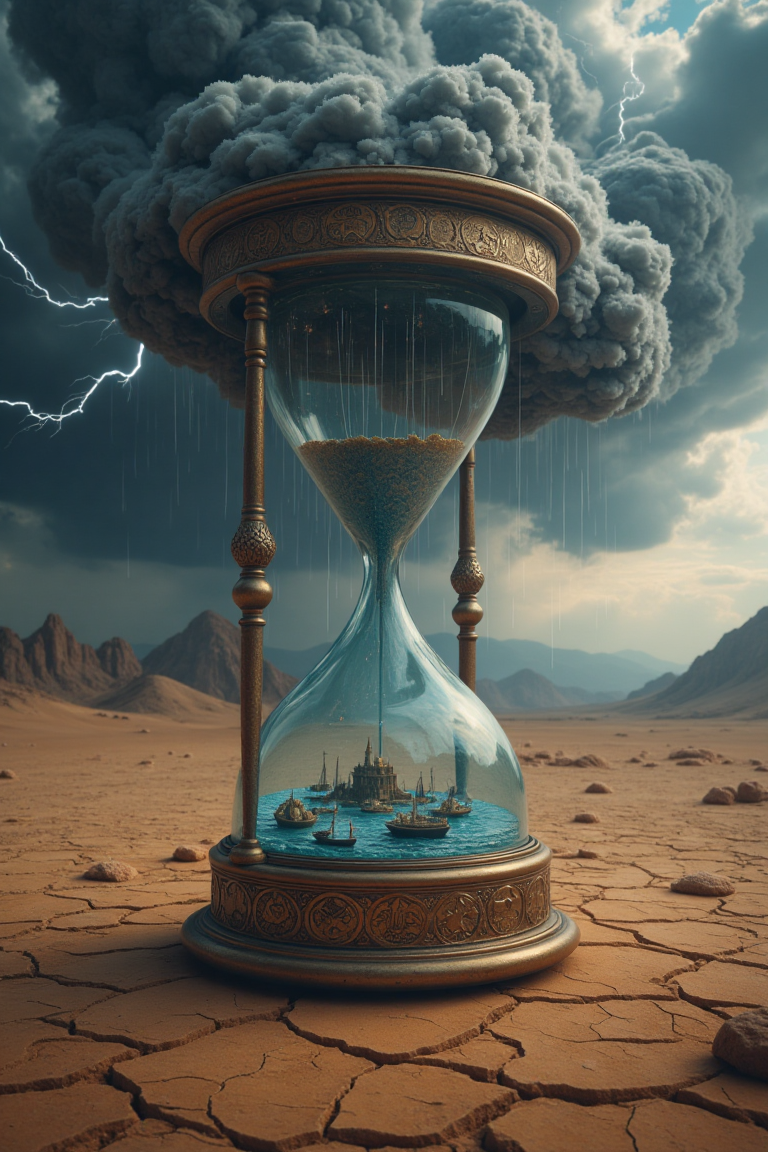 A colossal hourglass stands alone in a cracked desert, but instead of sand, dark, stormy rainclouds swirl inside it. Lightning arcs through the clouds as rain drips into the bottom chamber, where it pools into a miniature ocean with tiny islands and boats. The hourglass itself is made of polished, ancient metal and glass, its surface etched with intricate celestial designs. The background shows distant mountains, hazy from heat, contrasting with the cool, dynamic energy of the storm inside. Surreal textures of glass, clouds, and storm lighting create a photorealistic and mythic aesthetic.