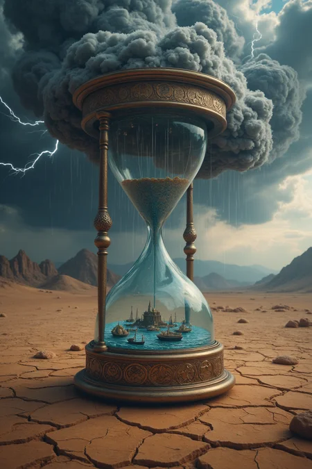 A colossal hourglass stands alone in a cracked desert, but instead of sand, dark, stormy rainclouds swirl inside it. Lightning arcs through the clouds as rain drips into the bottom chamber, where it pools into a miniature ocean with tiny islands and boats. The hourglass itself is made of polished, ancient metal and glass, its surface etched with intricate celestial designs. The background shows distant mountains, hazy from heat, contrasting with the cool, dynamic energy of the storm inside. Surreal textures of glass, clouds, and storm lighting create a photorealistic and mythic aesthetic.