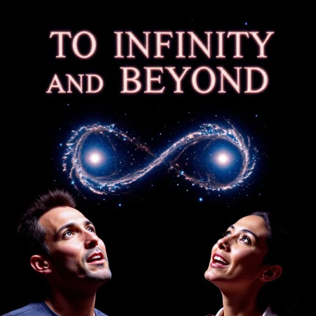 documentary film, text:"To Infinity and Beyond, random author title, vertical image of infinity symbol with starry outlines and double image of spiral galaxy in it, at left side is a close up face of man starring upwards in awe, on the right is a is a close up face of woman starring upwards in awe. their faces highlighted by the cosmos. james web space telescope,