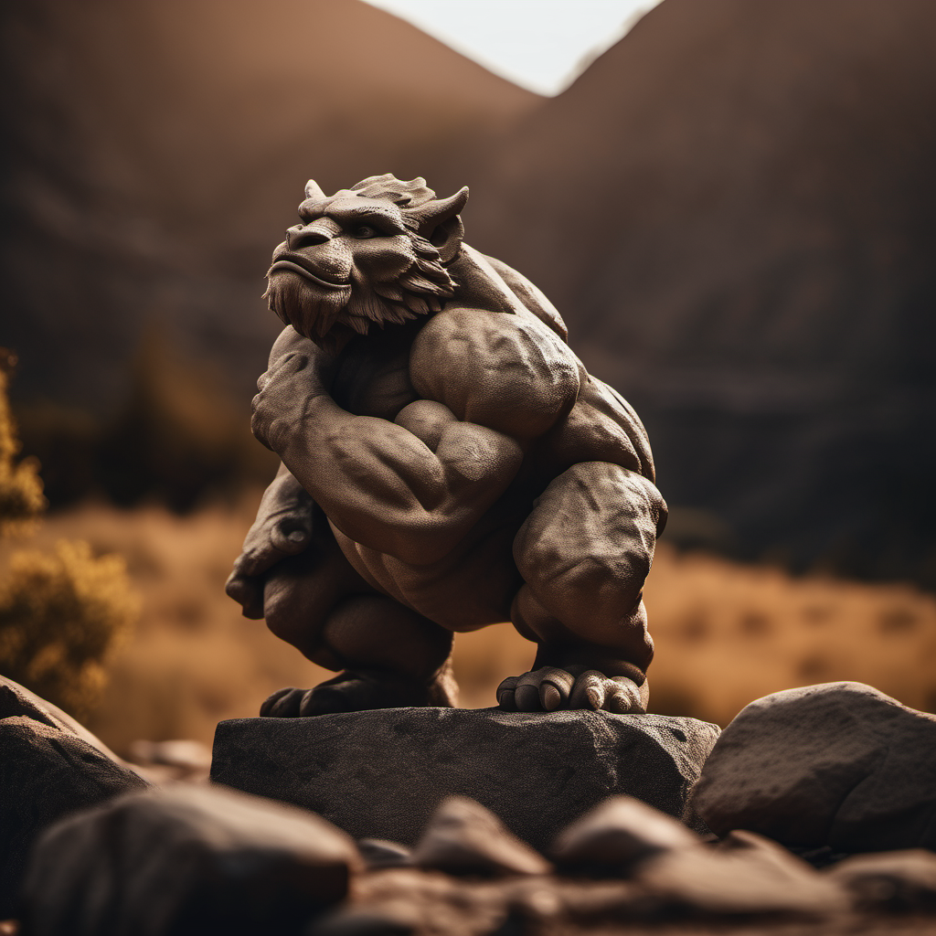 cinematic epic realistic photo,  cinematic film still cinematic photo fantasy monumental  troll stone sculpture, huge muscular, cracked eroded, layered, pbr texture sandstone old stone, scratched, erosion, layered, cracked,  simple plain background  <lora:Sandstoneold-SDXL:1/3> . 35mm photograph, film, bokeh, professional, 4k, highly detailed . shallow depth of field, vignette, highly detailed, high budget Hollywood movie, bokeh, cinemascope, moody, epic, gorgeous, film grain, grainy, photorealism, golden hour, Crewson style shadowing, 8k resolution, analog color kodak, film grain, neutral colors,