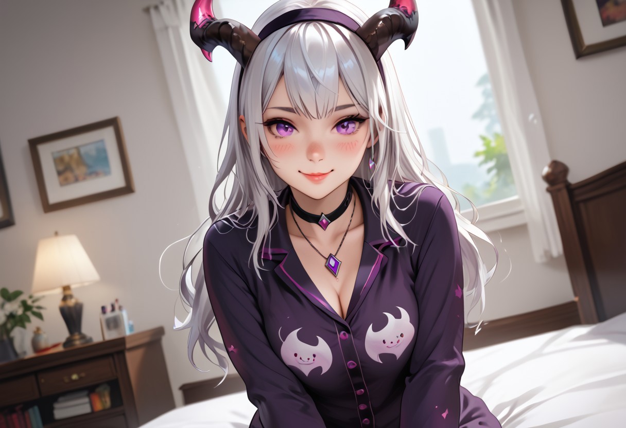 score_7_up,score_8_up,score_9 ((masterpiece,best quality,ultra detailed,highres,HD,4k:1.2)zzAlice, purple eyes, white hair, long hair, horns, demon horns, demon girl,, Pajamas, Headband, Necklace, Sweet Smile, Blushing, Dutch Angle, Anime