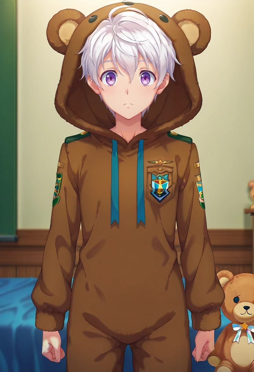 masterpiece, best quality, , anime screencap, , , looking at viewer, , 1boy, solo, male focus, <lora:felix_clermont_ilxl:0.98>, felix_clermont, white hair, purple eyes, ahoge, uniform, , teddy bear costume