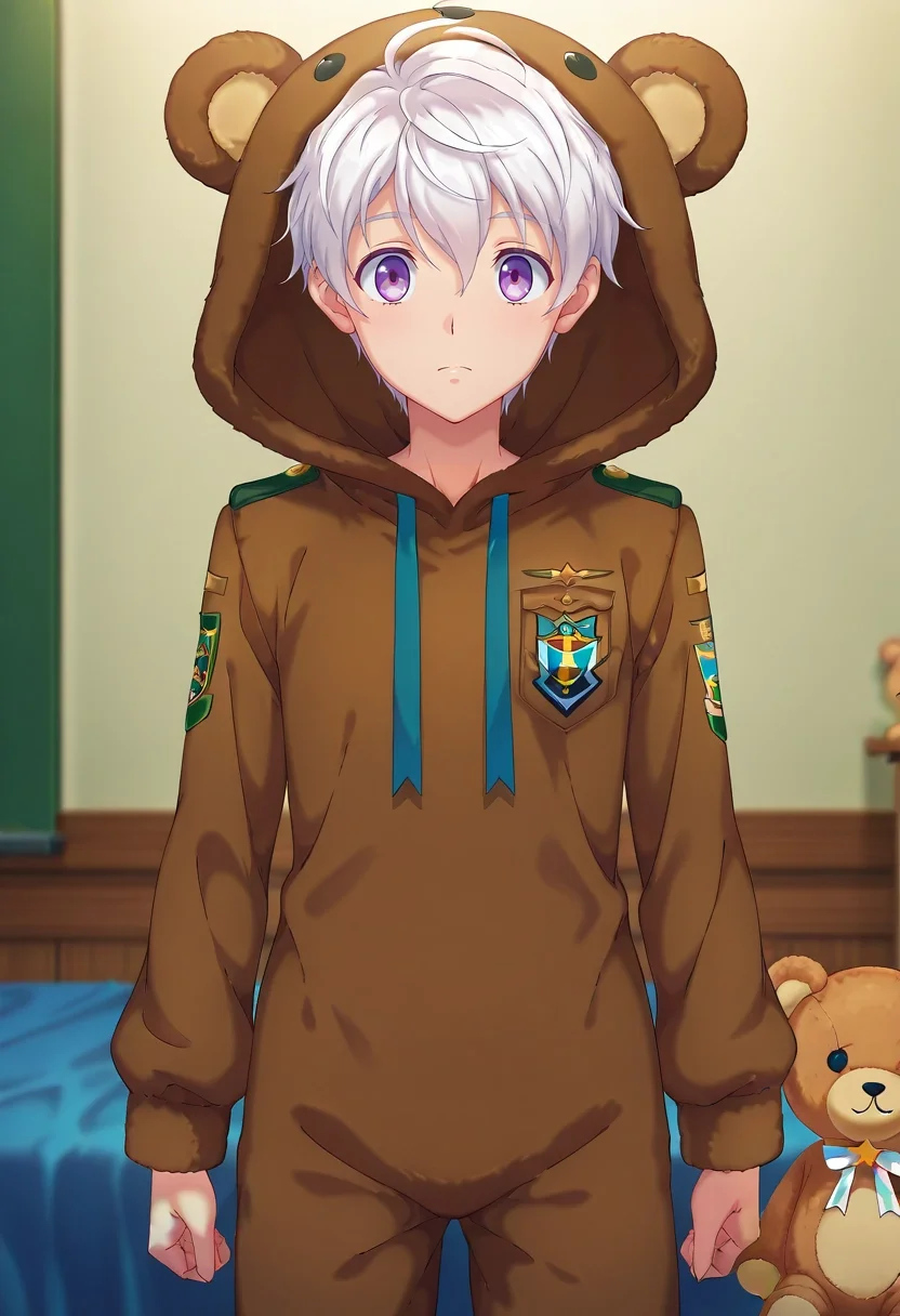masterpiece, best quality, , anime screencap, , , looking at viewer, , 1boy, solo, male focus, <lora:felix_clermont_ilxl:0.98>, felix_clermont, white hair, purple eyes, ahoge, uniform, , teddy bear costume