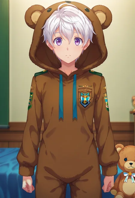 masterpiece, best quality, , anime screencap, , , looking at viewer, , 1boy, solo, male focus, <lora:felix_clermont_ilxl:0.98>, felix_clermont, white hair, purple eyes, ahoge, uniform, , teddy bear costume