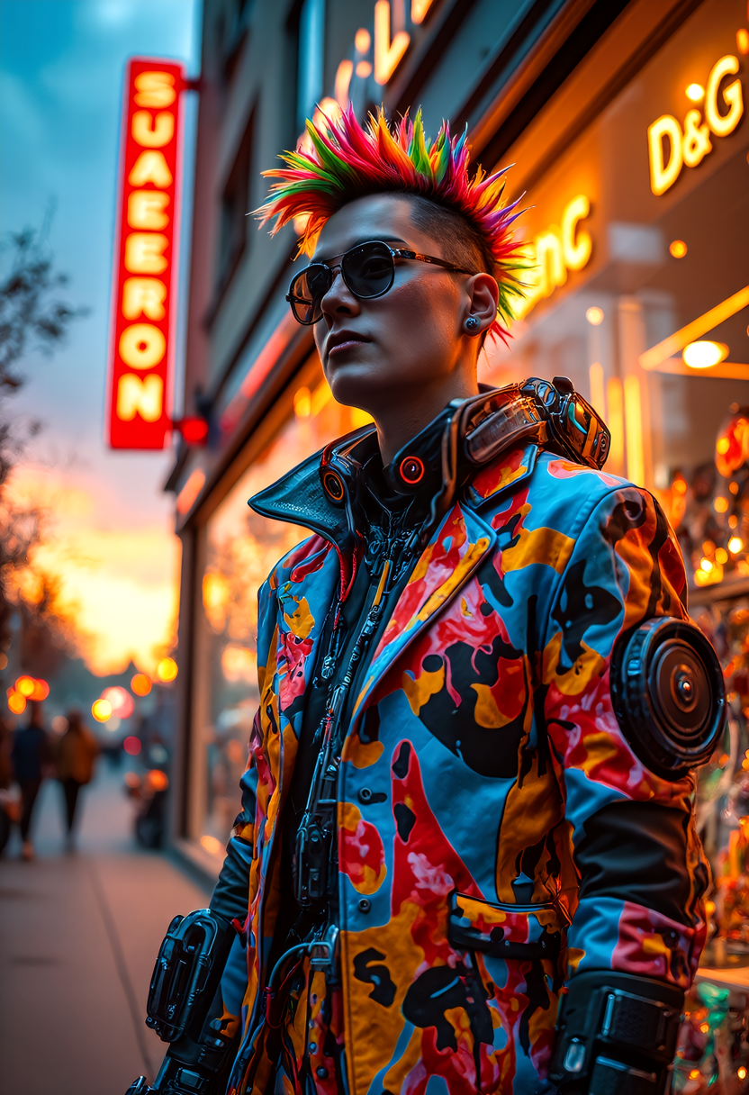 avantgardepunk style. Cutting-edge fusion of art, music, fashion, and technology featuring bold, colorful patterns, distorted proportions, abstract shapes, augmented mechanical enhancements. Include punk-inspired hairstyles, makeup, accessories, and an atmosphere of creativity and rebellion. at sunset, a cyberpunk_2077 person stands proudly outside a futuristic D&G-style boutique, sleek carbon fiber mechanical arms, atmospheric perspective, hairstyle a riot of colorful spikes and dye, augmented enhancements visible, glowing circuits and fiber-optic strands and LEDs of pulsing with energy, and explosion of creative chaos, vibrant colors and bold outlines, style of Wayne Barlowe meets Jean-Paul Goude,  <lora:flux_trainer/avantGardePunk_v1.safetensors:1.0>,   ,