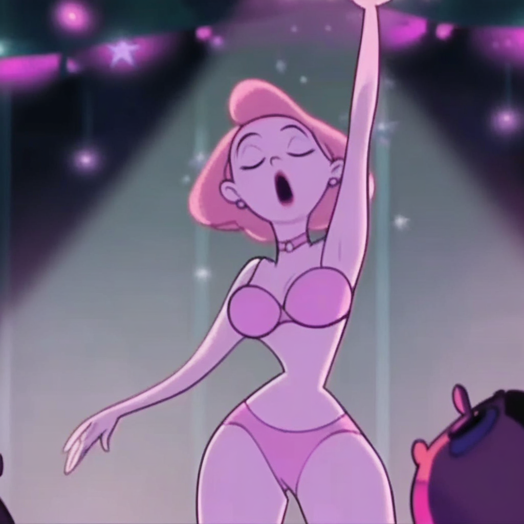 score_9,score_8,score_7, cabaret_girls, boys_night_out_girls, boys_night_out, cartoon girl, female, official art, official style, 1girl, underwear, panties, solo, breasts, open mouth, closed eyes, bra, arm up